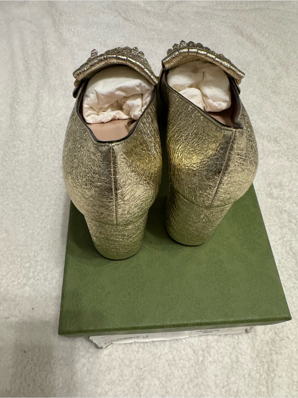 Gucci Metallic Gold Fringe Block Heel Loafers - Picture 3 of 10